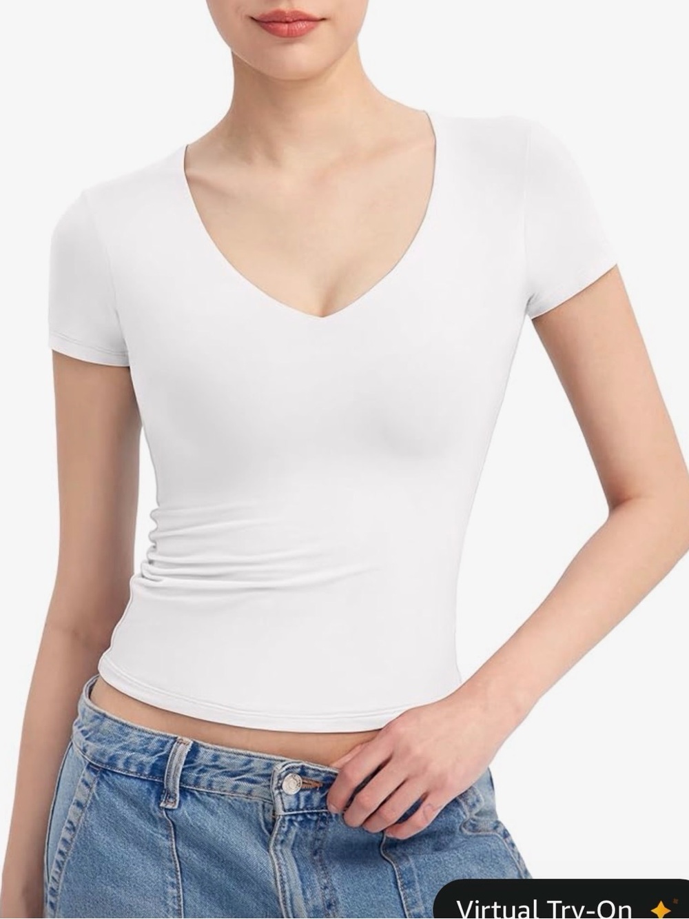 Pumiey Women's White V-Neck Short Sleeve Crop Top